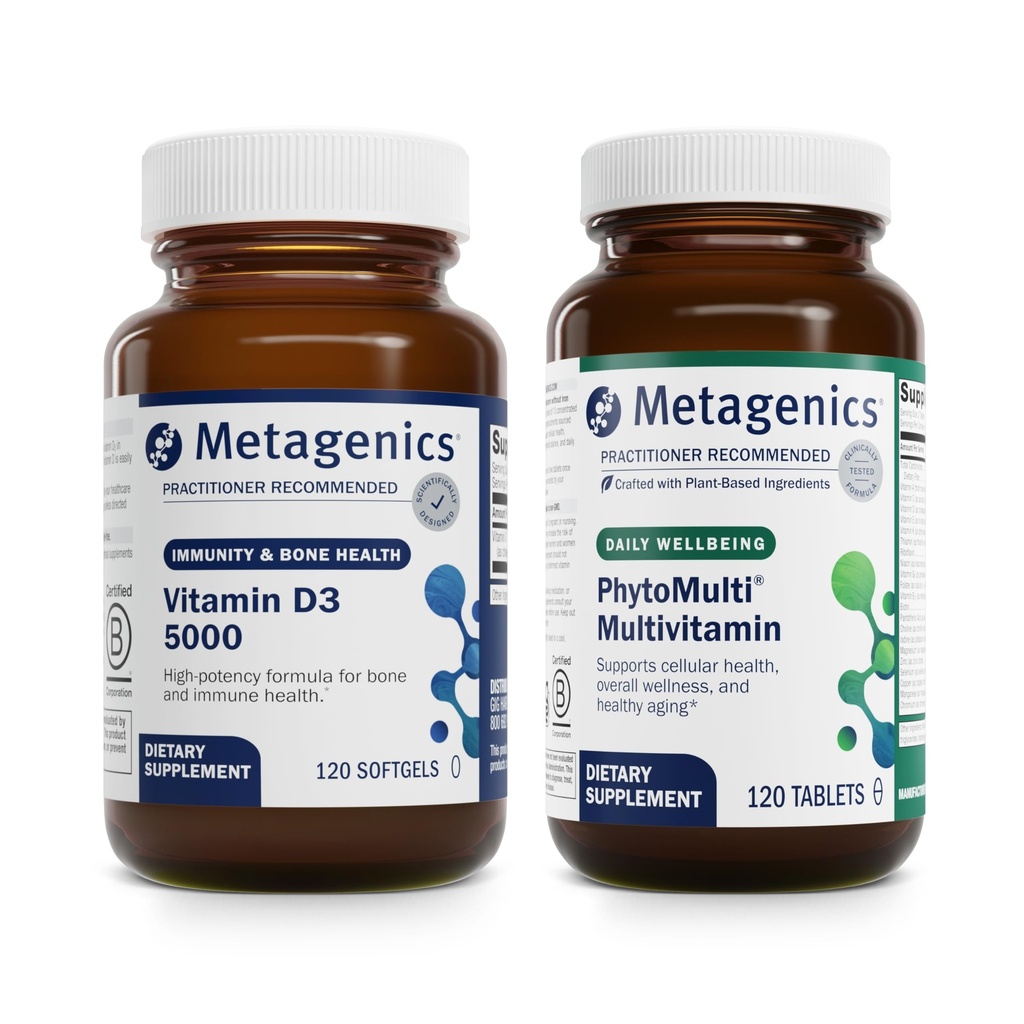 Metagenics Bundle - D3 5000 & PhytoMulti uden jern - 120 Softgels af D3 5000 for immunforsvar, Knoglesundhed & hjerte - 120 tabletter af PhytoMulti uden jern for total sundhed & aldring
