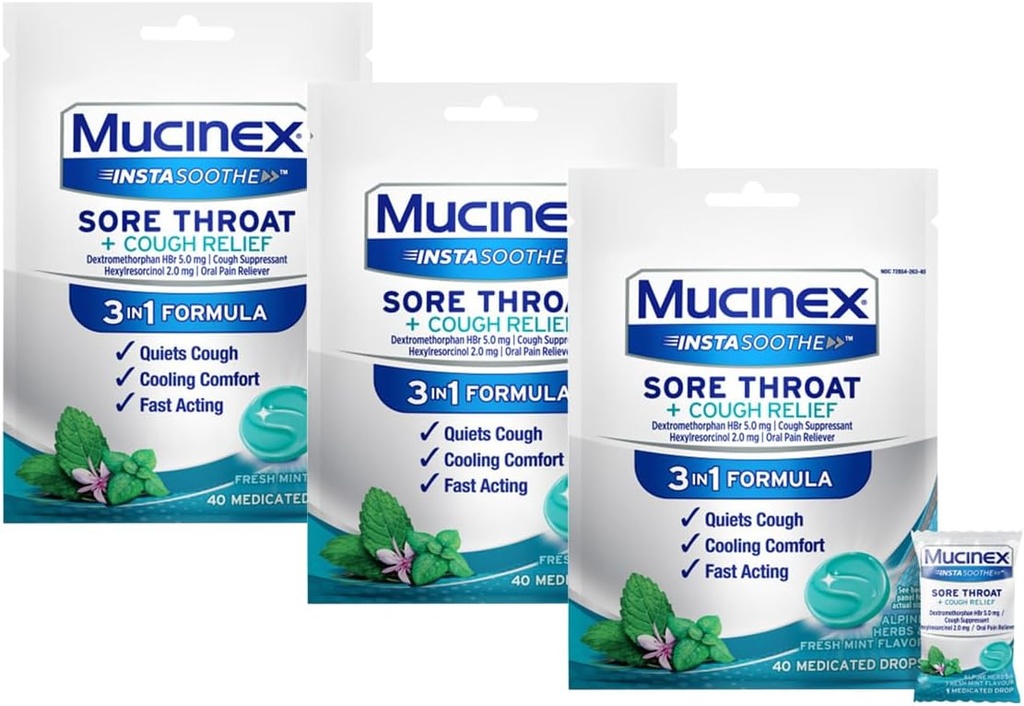 Mucinex InstaSoothe Sore Throat + Cough Relief Alpine Urter & Mint Flavor, Fast fungerende, Cooling Comfort, Kraftfuld Sore Throat Oral Pain Reliever, 40 Medicated Drops (40 Greve (Pack of 3))