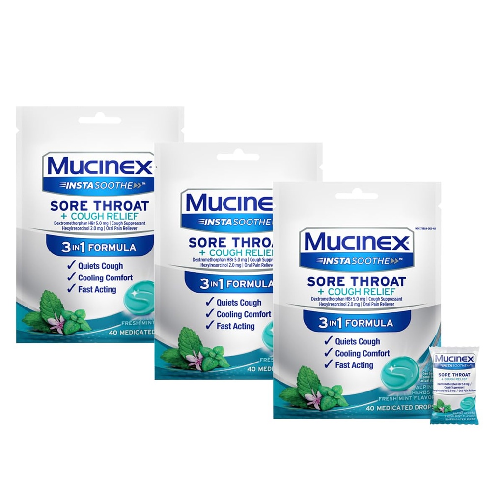 Mucinex InstaSoothe Sore Throat + Cough Relief Alpine Urter & Mint Flavor, Fast fungerende, Cooling Comfort, Kraftfuld Sore Throat Oral Pain Reliever, 40 Medicated Drops (40 Greve (Pack of 3))