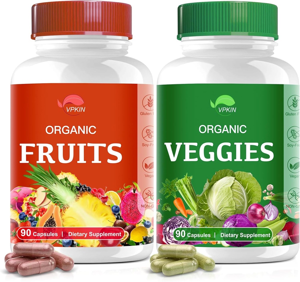 Økologisk Frugt og Veggie supplement, Superfood Vitamin Kapsler Lavet med hel mad og grøntsager til energi Boost, Vegan, Non- GMO, Gluten- fri (90 Kapsler)
