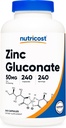 Nutricost Zink Gluconat 240 Vegetariske Kapsler (50mg) - Gluten fri og ikke-GMO