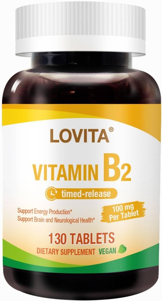 Lovita vitamin B2 (Riboflavin) 100mg, Tidsfrigørelse, 8 Timer Vedvarende, Support Metabolisme & Nerve Sundhed, 130 Vegan Tablet