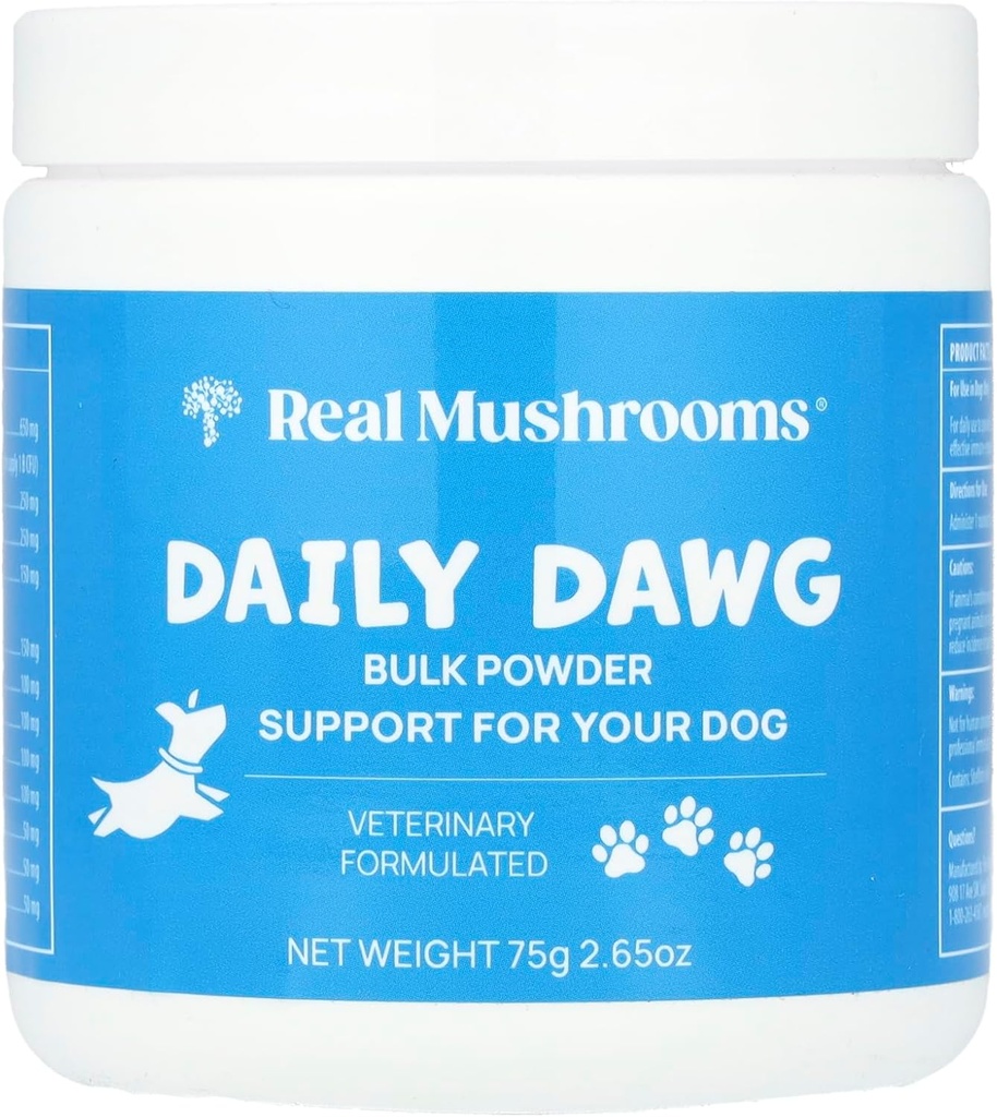 Real Mushrooms Hel Dog Sundhed - Funktionel Mushroom Blend for Hunde med løvens Mane, Cordyceps, Tyrkiet Hale, Reishi, Shiitake for Samlet velvære af hunde - 2.65 oz pulver supplement