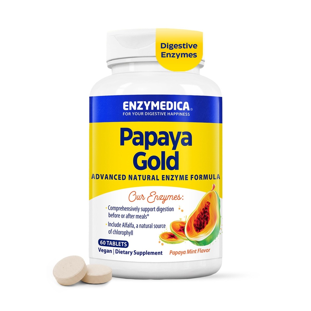 Enzymedica Papaya Gold, Avancerede fordøjelsesenzymer med naturlige økologiske papaya & chlorophyll til omfattende fordøjelsesstøtte, høj potens bromelain & papain, Vegan, Mint, 60 tyggetabletter