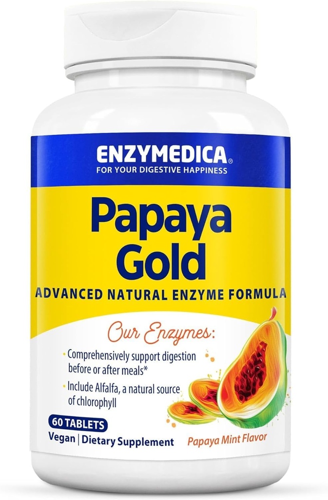 Enzymedica Papaya Gold, Avancerede fordøjelsesenzymer med naturlige økologiske papaya & chlorophyll til omfattende fordøjelsesstøtte, høj potens bromelain & papain, Vegan, Mint, 60 tyggetabletter