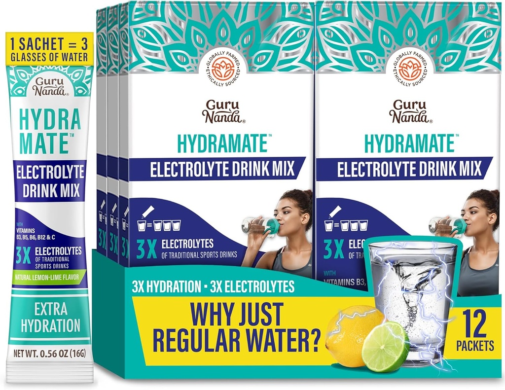 GuruNanda Hydramate Hydration Support Drink Mix - Electrolyte Powder Packets for Dehydration, Exercise & Energy - No Added Sweeteners, Non-GMO, Natural Lemon Lime Flavor - 12 Count (0.56 oz Each)