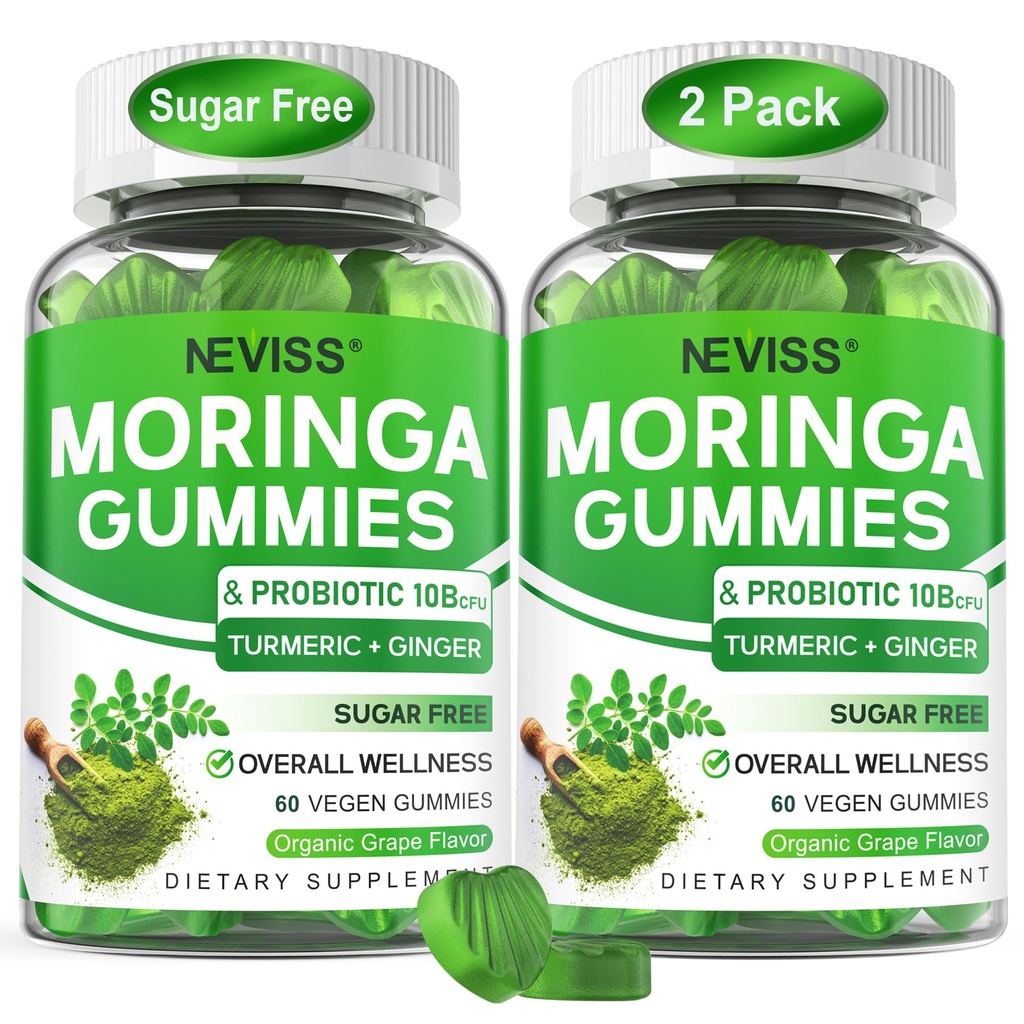Moringa Gummies for Women Mænd w / Probiotiske gurkemeje Ginger Ceylon kanel, Sukker fri, Organic Moringa Powder Kapsler Alternativer, Pure Moringa Leaves Green Superfood Supplement - Vegan, 120Cts