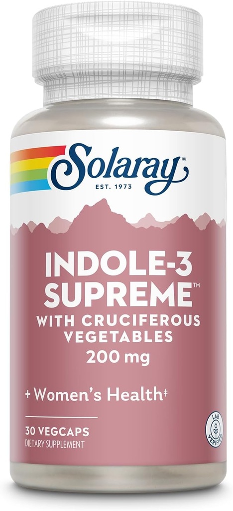 SOLARAY Indole-3 Supreme med Cruciferous Grøntsager - Kvinder sundhedsstøtte - DIM Plus Broccoli, Kale, og mere - Lab Verified, 60-dages garanti - 30 Servere, 30 VegCaps