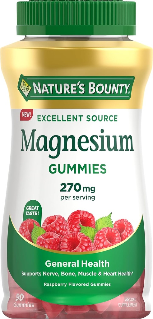 Naturens Bounty Magnesium Citrate Gummies for voksne, Understøtter generel sundhed, ben, nerve, muskel & hjerte sundhed støtte, 270mg per servering, Vegan, ikke-GMO - Hindbær 90 Greve