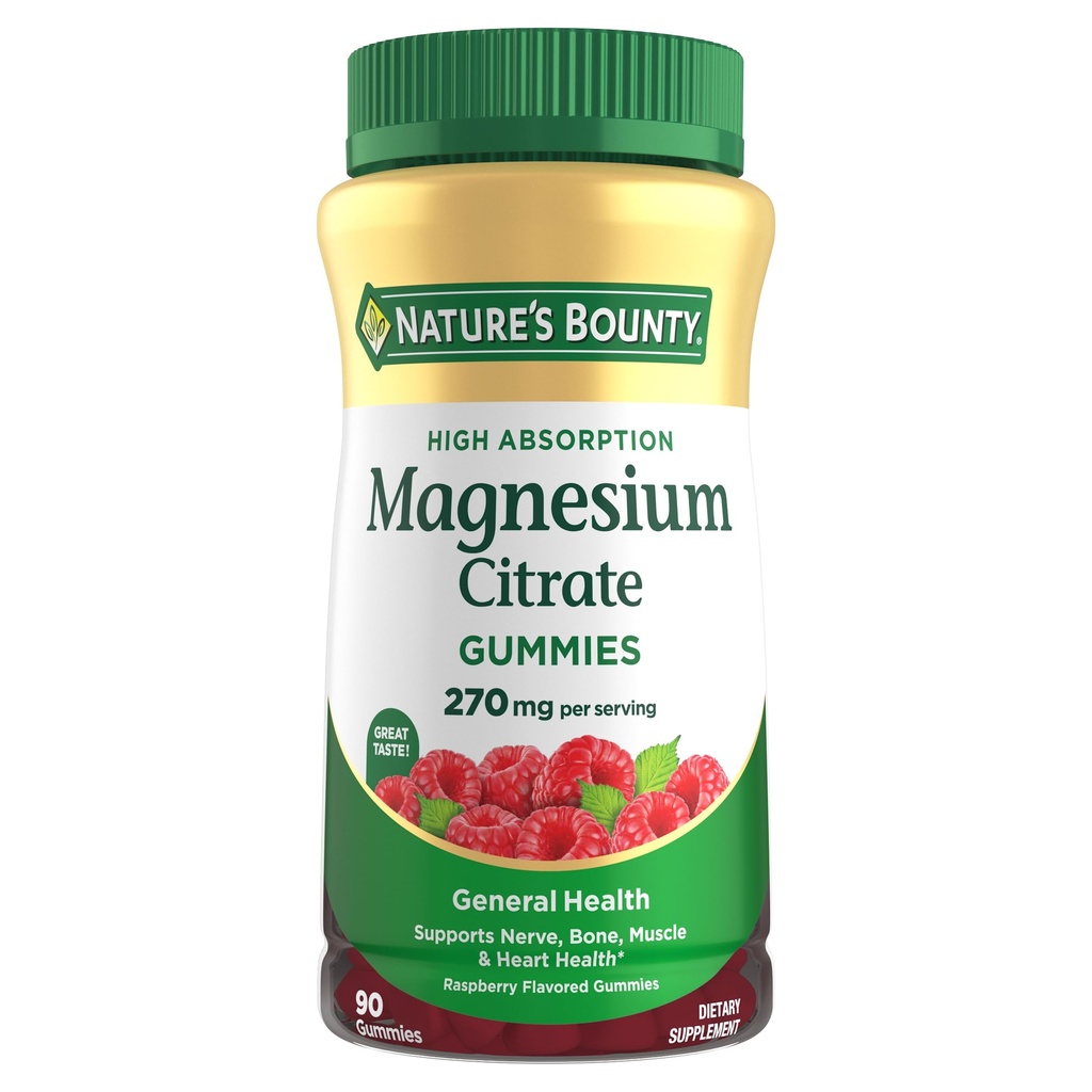 Naturens Bounty Magnesium Citrate Gummies for voksne, Understøtter generel sundhed, ben, nerve, muskel & hjerte sundhed støtte, 270mg per servering, Vegan, ikke-GMO - Hindbær 90 Greve
