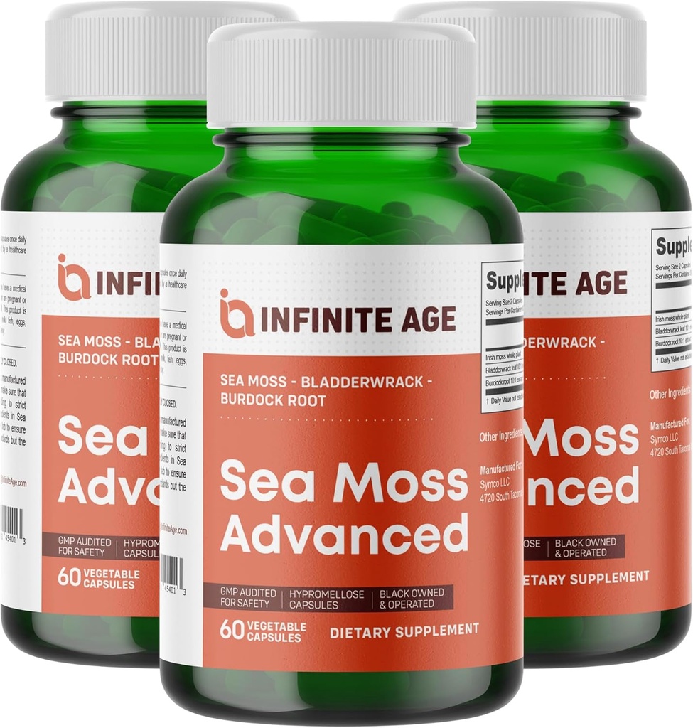 Uendelig alder 3 pakke af 1250mg Sea Moss Advanced Superfood Kapsler, 180 Greve - High- Potency, Vegan, Lavet i USA - Irish Seamoss, Bladderwrack, Burdock Root - Samlet sundhed, Immunitet støtte