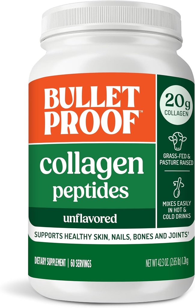 Bulletproof Unflavored Collagen Peptider Powder, 42.3 Ounces, Grass- Fed Collagen Protein og Aminosyrer til hud, ben og joints, Packaging May Vary