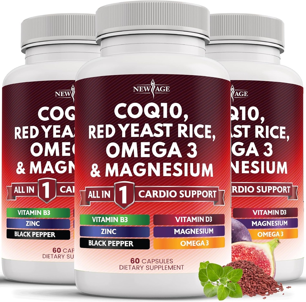 NEW AGE COQ10 200mg Red Yeast Rice Omega 3- 6- 9 Magnesium Complex Zink Vitamin K2 D3 - Support Vitaminer til kvinder og mænd med vitamin B3, Coenzym Q10- 180 Tæl