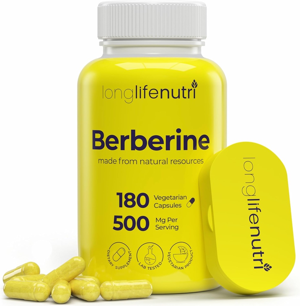 Berberine 500mg HCL Extract - fra Berberis Aristata Vulgaris, 180 vegetariske kapsler, fordøjelsestillæg for samlet velvære, 6-måned levering, non-GMO, 1000mg per servering, GMP Certified, USA Made