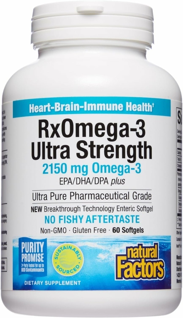 Naturlige faktorer RxOmega-3 Ultra Strength - Kosttilskud til hjerne & hjerte Health Support - Eye Health Supplement med EPA & DHA - Supplement med Omega-3 fedtsyrer - 60 Softgels (30 Servere)