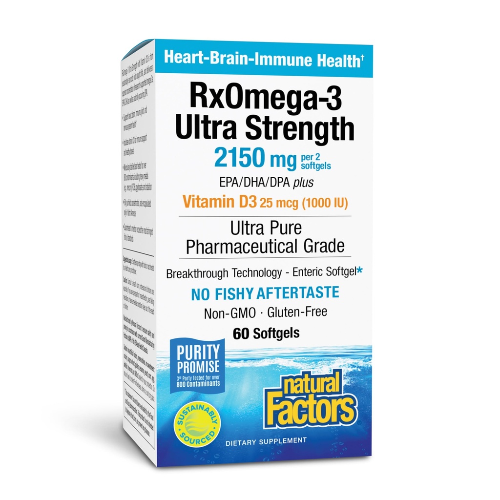 Naturlige faktorer RxOmega-3 Ultra Strength - Kosttilskud til hjerne & hjerte Health Support - Eye Health Supplement med EPA & DHA - Supplement med Omega-3 fedtsyrer - 60 Softgels (30 Servere)