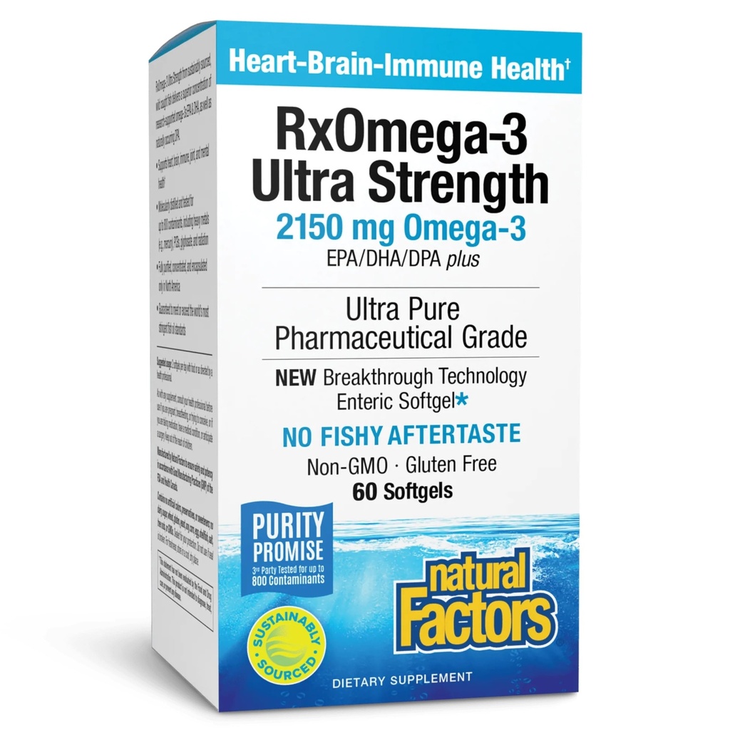 Naturlige faktorer RxOmega-3 Ultra Strength - Kosttilskud til hjerne & hjerte Health Support - Eye Health Supplement med EPA & DHA - Supplement med Omega-3 fedtsyrer - 60 Softgels (30 Servere)