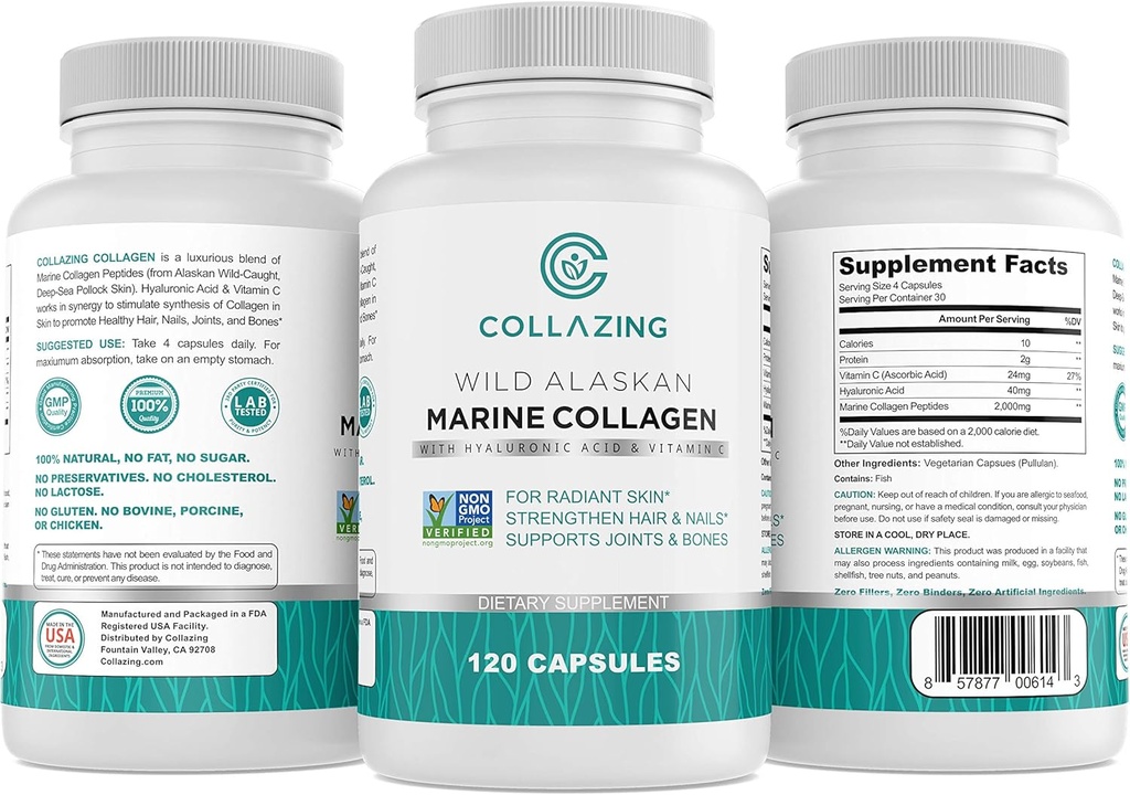Alaska Wild- Fanget Marine Collagen Peptider med Hyaluronsyre & C-vitamin - Understøtter hud, hår, negle, Joints & Bones - Type 1 & 3 Collagen for kvinder & mænd - 120 Powder kapsler