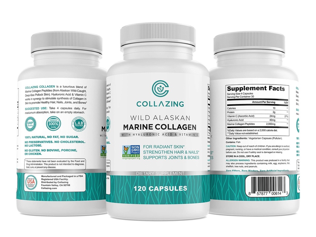 Alaskan Wild-Caught Marine Collagen Peptides with Hyaluronic Acid & Vitamin C - Supports Skin, Hair, Nails, Joints & Bones - Type 1 & 3 Collagen for Women & Men - 120 Powder Capsules
