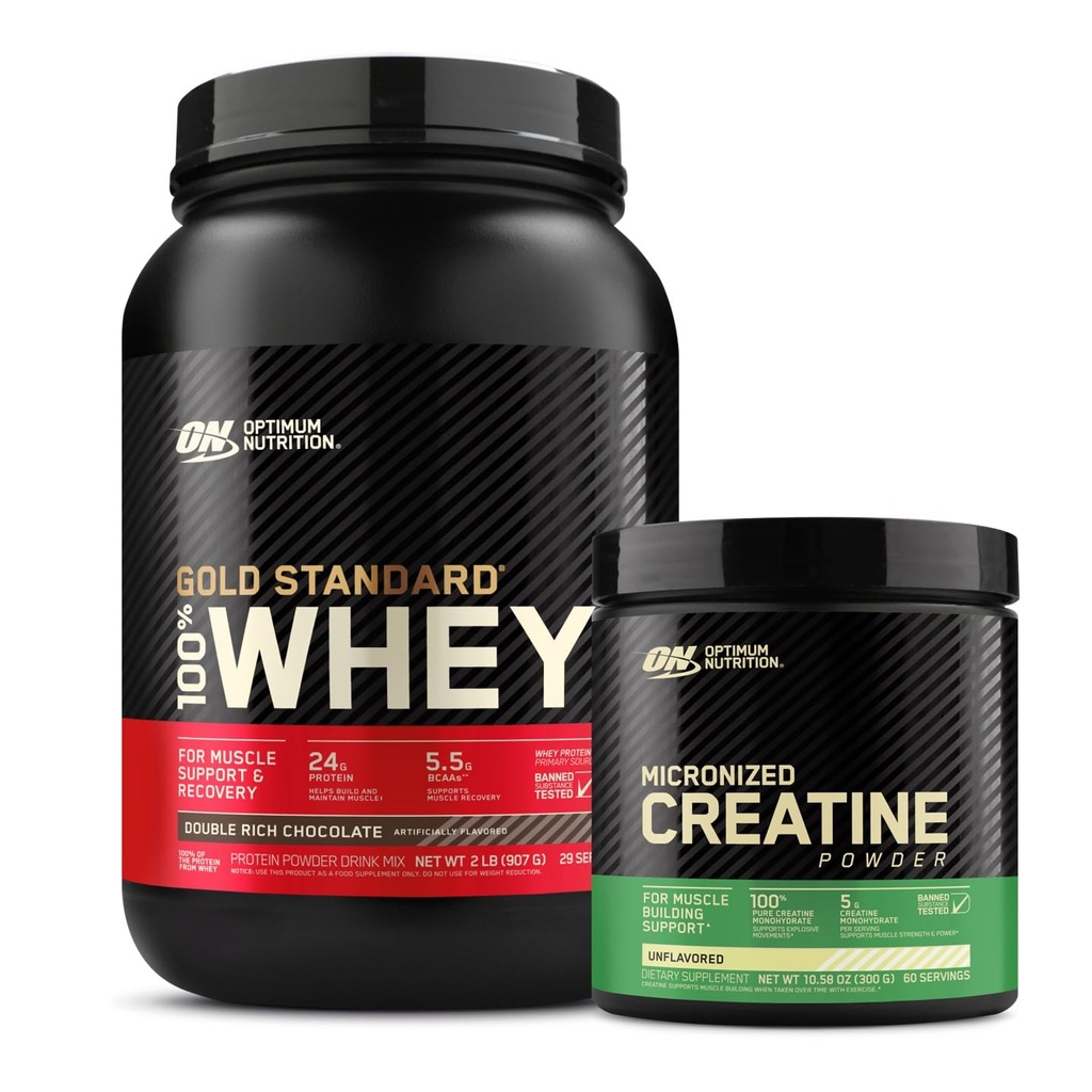 Optimum Nutrition ON Gold Standard 100% Whey Protein Primary Source Isolate - Double Rich Chocolate, 2 Lbs + ON Mikroniseret Creatin Monohydrat Powder - Unflavored, 300 Bedste