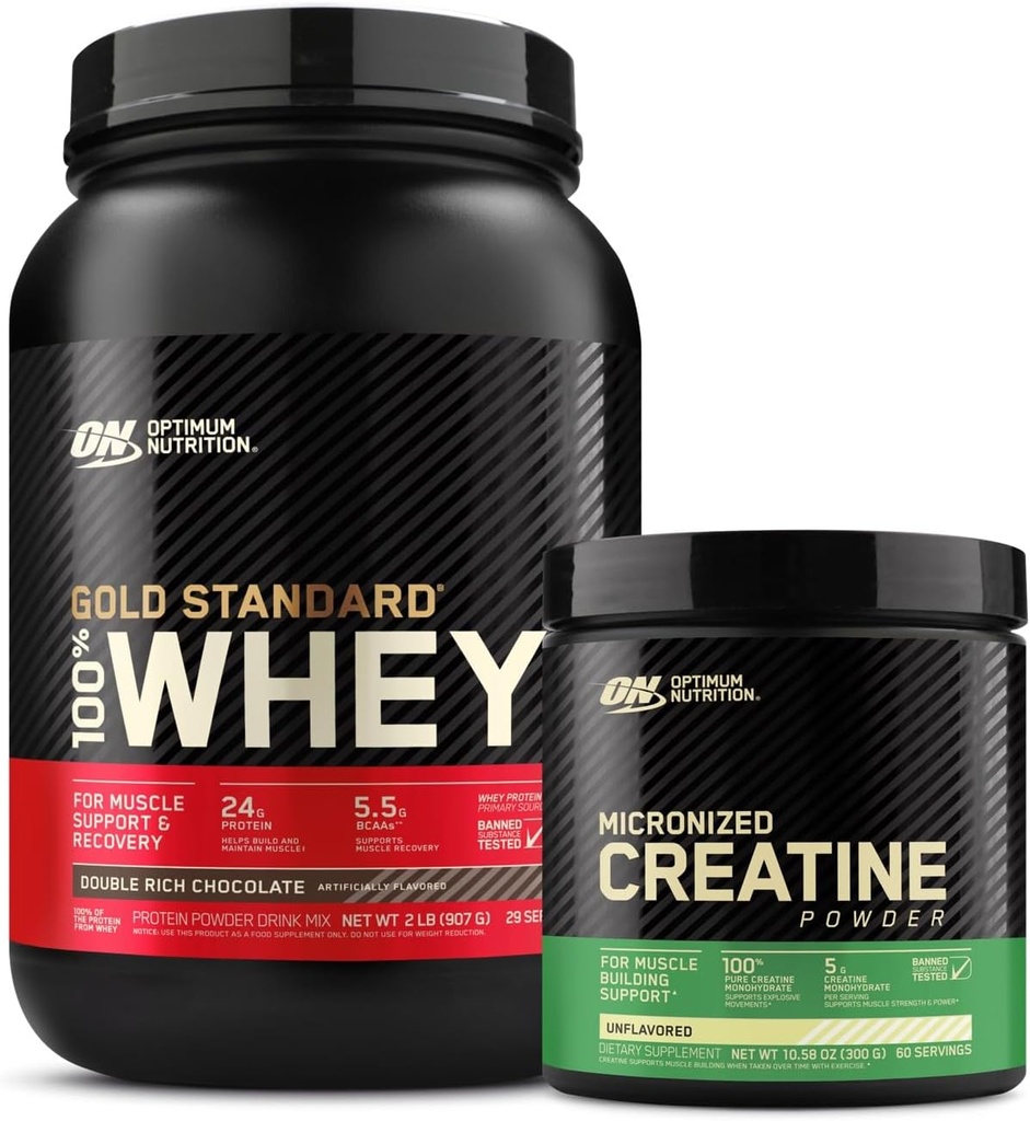 Optimum Nutrition ON Gold Standard 100% Whey Protein Primary Source Isolate - Double Rich Chocolate, 2 Lbs + ON Mikroniseret Creatin Monohydrat Powder - Unflavored, 300 Bedste