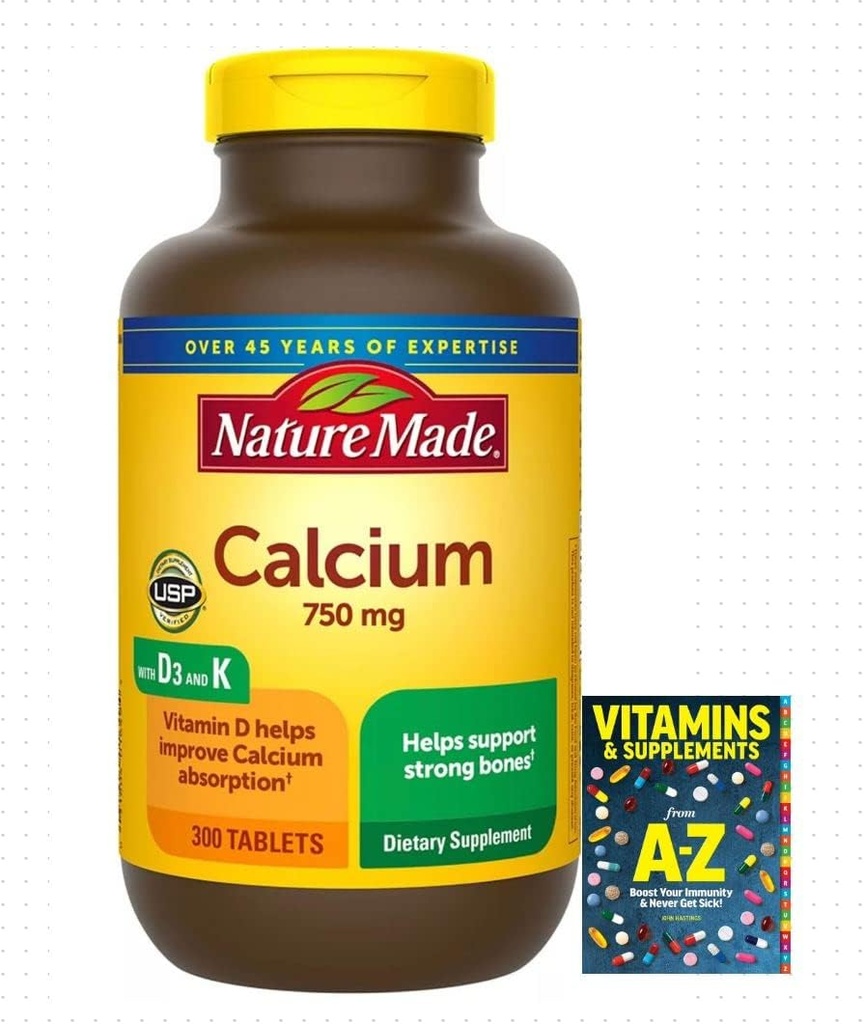 Adventure Home Calcium 750 mg med vitamin D3 og K, Kosttilskud til benstøtte, 300 tabletter + Bedre Guide Vitamin Kosttilskud Book gratis