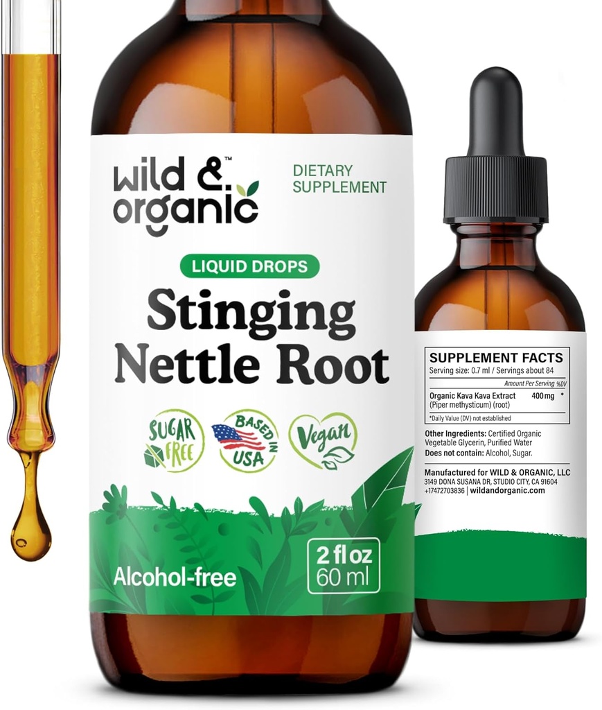 Wild & Organic Stinging Nettle Root Drops - Stinging Nettle Extract Tinktur for mænd og kvinder - Flydende Urtica Dioica Supplement - Vegan, Sukker & Alkohol- Free - 2 fl oz