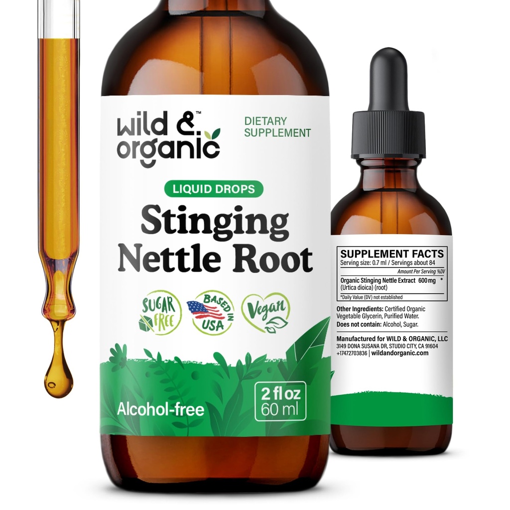 Wild & Organic Stinging Nettle Root Drops - Stinging Nettle Extract Tinktur for mænd og kvinder - Flydende Urtica Dioica Supplement - Vegan, Sukker & Alkohol- Free - 2 fl oz