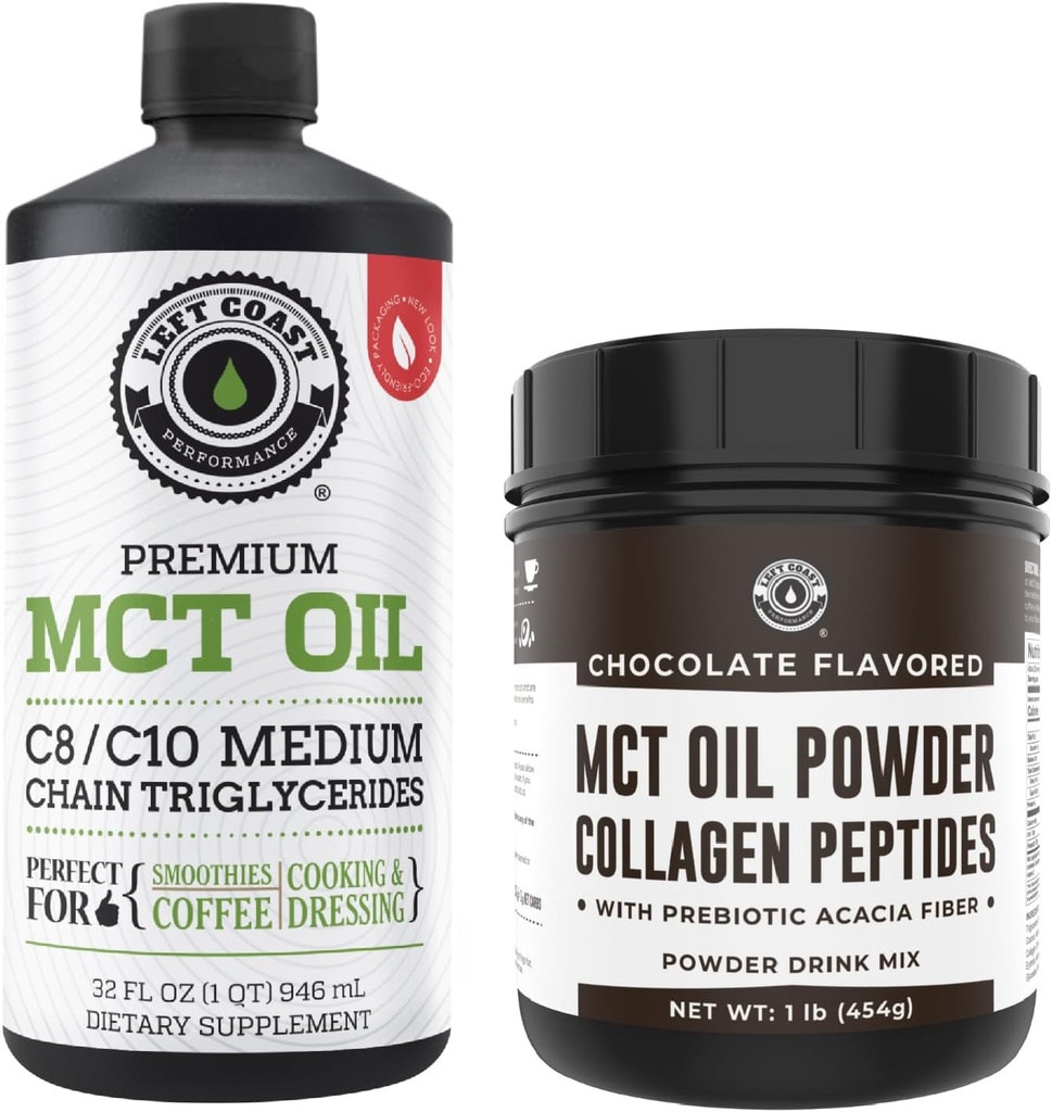 Venstre Coast Performance 100% Coconut MCT Oil Liquid, 32oz + Chocolate Keto MCT Powder, Collagen & Prebiotic Fiber, 16oz