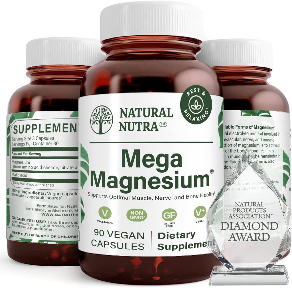 Natural Nutra Mega Magnesium 400mg Supplement - High Absorption Aminosyrechelat, Citrat, Malat Blend for Muskelvækst, Knoglestyrke, Heart Health, Nerve Support - 90 Kapsler (pakke med 3)