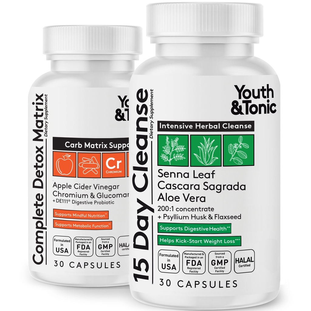 Youth & Tonic 15 Day Cleanse & Carb Matrix Support til Bloating, Gut & Metabolisme Sundhed, Break The Plateau, Feel Lighter & Energized, Colon Cleanser & Detox med ACV, Glucomannan, Chrom, 60 Pills