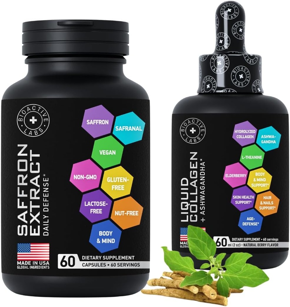 Flydende Collagen & Ashwagandha og Pure Saffron Extract Kapsler Skønhed og energistøtte bundle