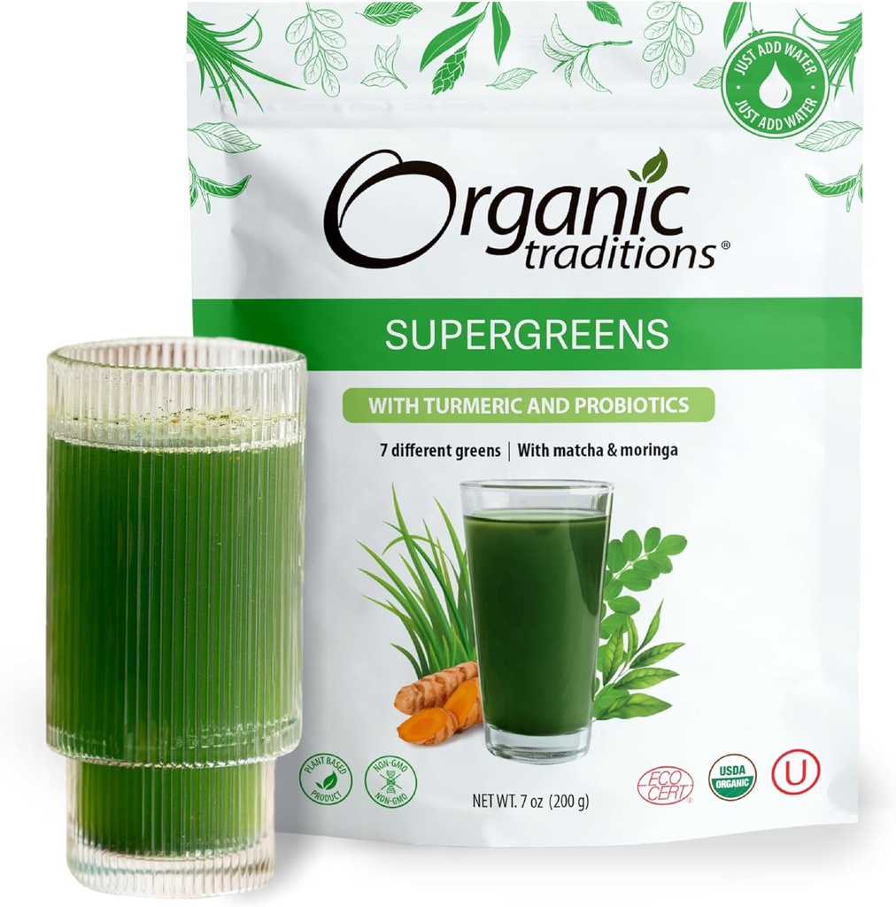 Organic Traditions Super Green Powder Superfood med gurkemeje, Organic Green Superfood Powder, 200g / 7oz Bag
