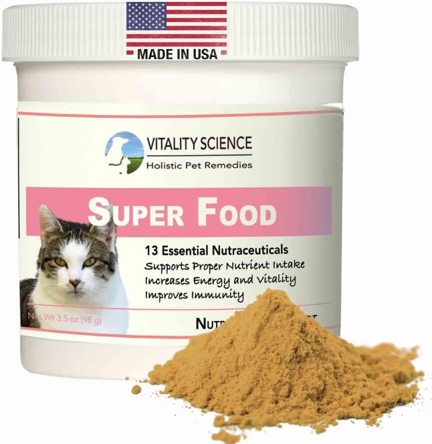 Vitality Science Super Food for Cats Medic124; High Potency Multi- Vitamin og Mineral Supplement Medic124; Øger energi og Vitality Medic124; 100% Natural (98g)
