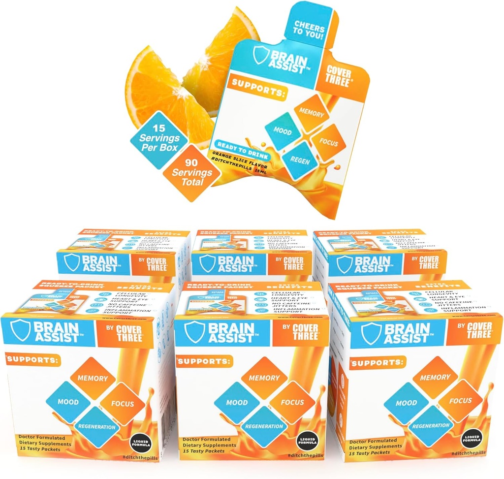 Dække tre hjerne assist hjerne supplement, Nutritional Focus supplement med Curcumin, Uridin, Orange Slice Liquid Brain Support Formel, høj ydeevne hukommelse kosttilskud (6 bokse)