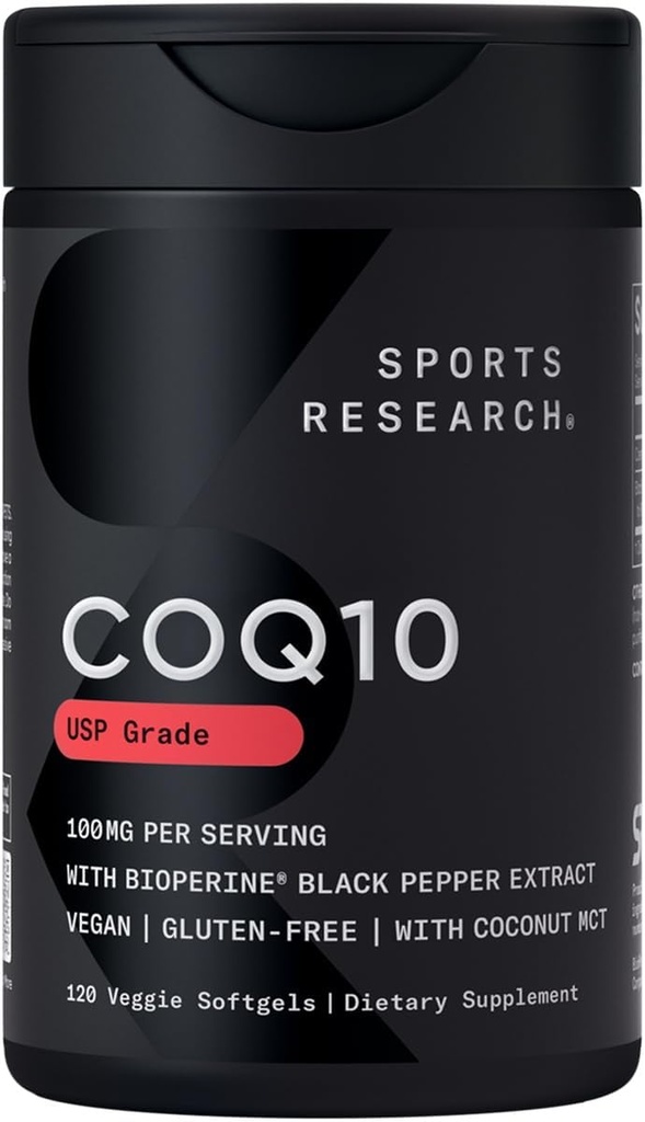 Sports Research CoQ10 (100mg) Forbedret w / Coconut Oil & Bioperine (Black Pepper) for bedre Absorption 124; Vegan Certified, Non- GMO Verified (120 Veggie Softgels)