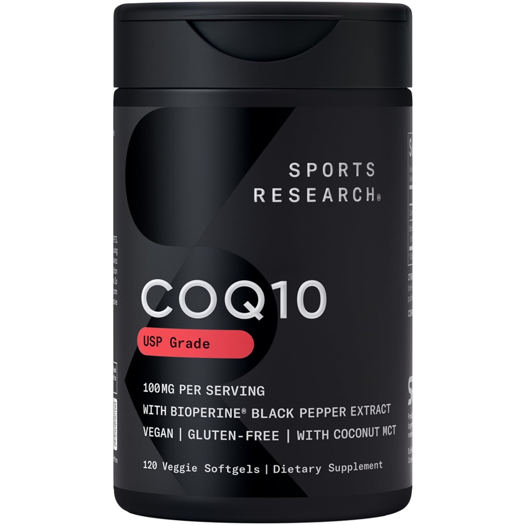 Sports Research CoQ10 (100mg) Forbedret w / Kokosolie & Bioperine (Black Pepper) for bedre Absorption 124; Vegan Certified, Non- GMO Verified (120 Veggie Softgels)
