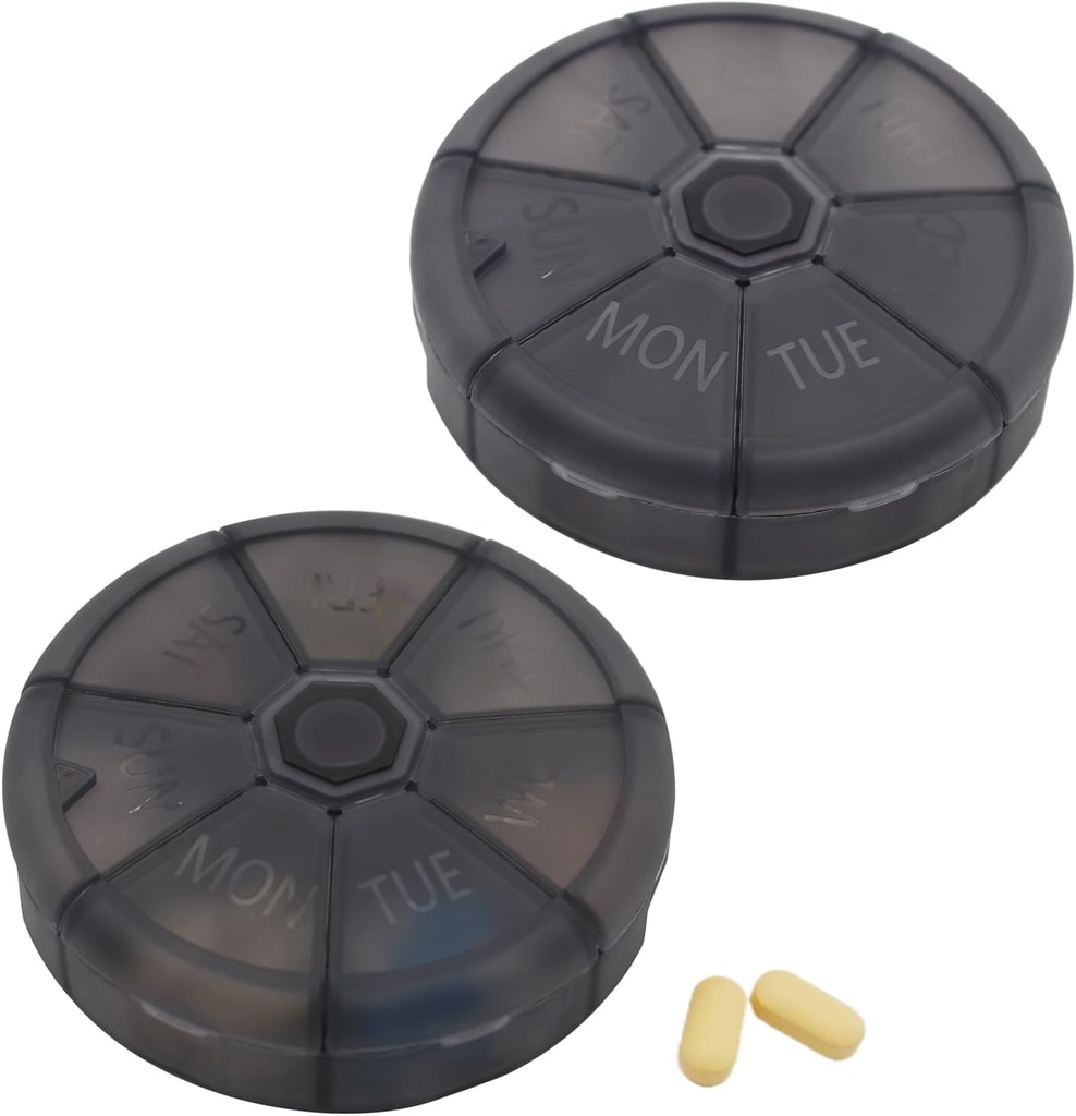 Bærbar Ugentlig Pill Organizer 7 dages piller Container, Round Pill Case Travel Friendly, Daglig Uge Pill Reminder Case, BPA- Gratis Vitamin, tillæg, Fish Oil, Medicin Planner (sort)