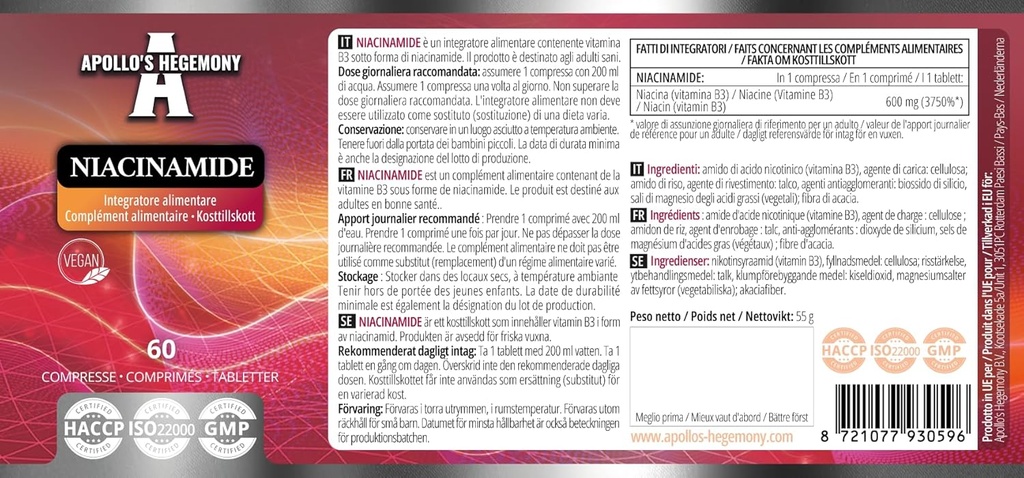 APOLLO 'S HEGEMONY Niacinamid 500 mg per tablet - 60 Veganske tabletter - 2 måneder Tilgang - Understøtter energi og nerve funktion - Vitamin B3 Kosttilskud