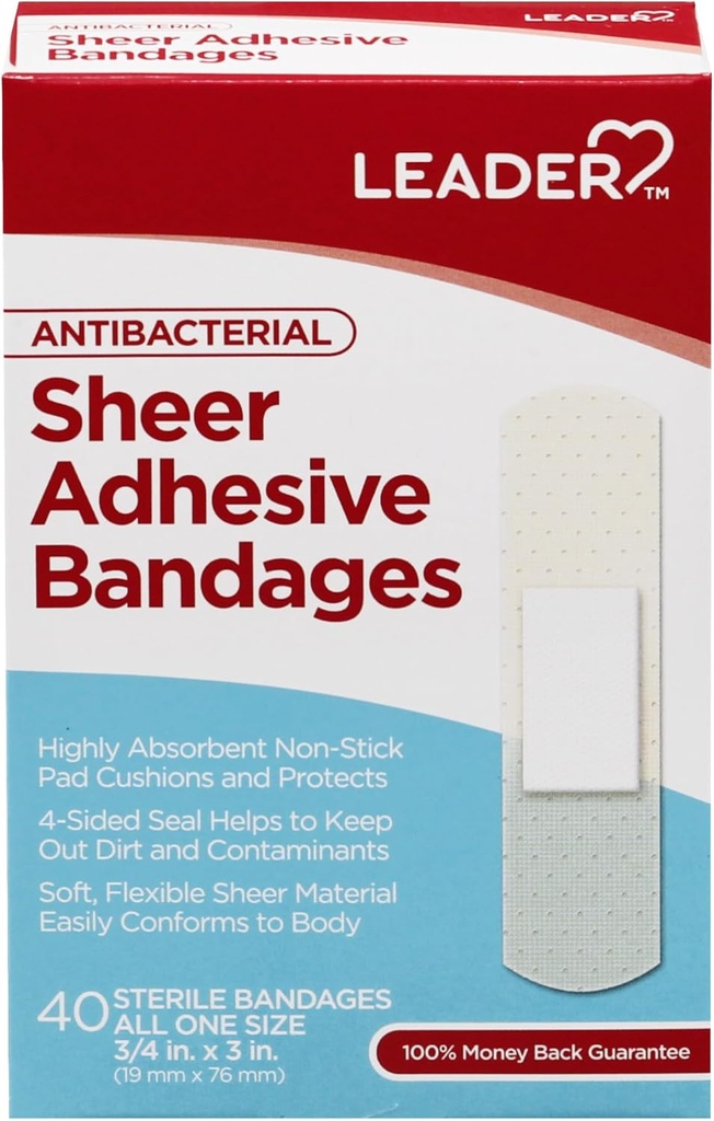 LEADER Steril Sheer vedhæftede bandager, Latex Free, Bletter med hud, hjælper med at forebygge infektion, Komfortabel beskyttelse for førstehjælp og Sårpleje (3 / 4 "x 3", 40 Greve)