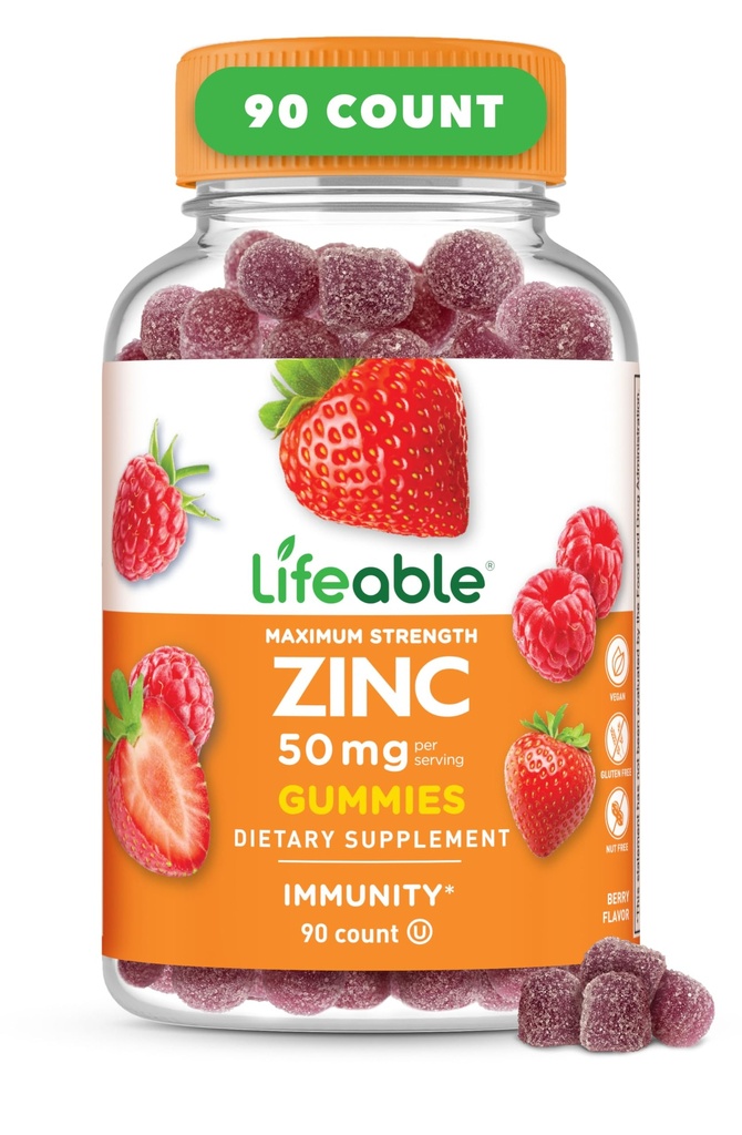 Livbare Zinkvingummi: 124; 50mg; Great Tasting Natural Flavor Zinkvitaminer: 124; Gluten Free, Vegetar, GMO- Free Zinktyggetøj: 124; for immunforsvar: 124; 90 Gummier