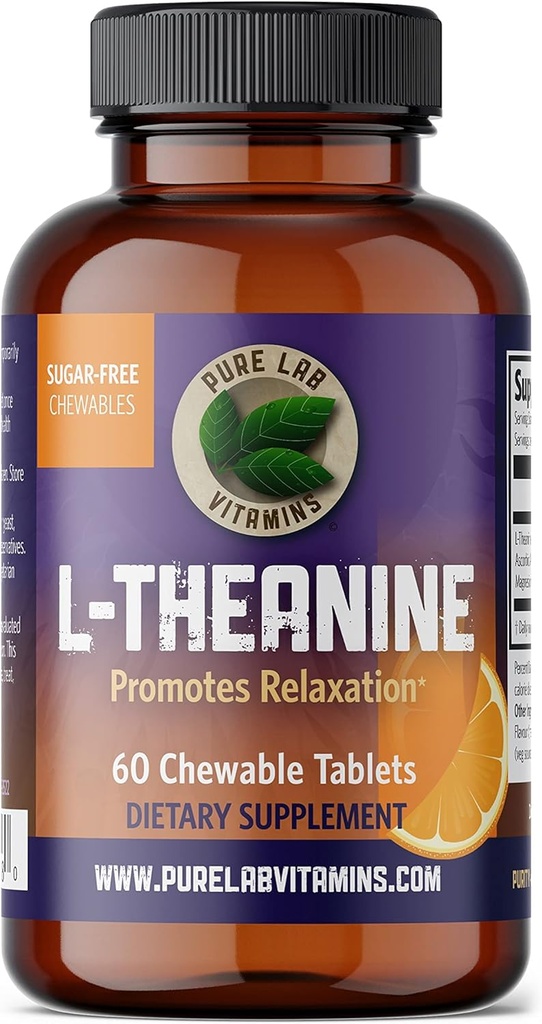 Pure Lab Vitaminer L- Theanine 125 mg - 60 Sugar Free, Chewable Tablets 30 Days Supply 124; fremmer afslapning, Mental Fokus- 124; Forbedrer søvnkvalitet Lavet i Canada