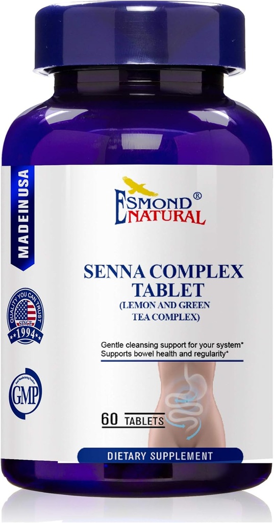 (3 Pack) Esmond Natural: Senna Complex Tablet - Lemon & Green Tea (tarm sundhed, oprydning og regelmæssighed), GMP, Natural Product Assn Certified, Made in USA - 620mg, 180 tabletter
