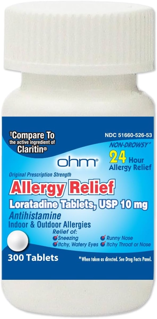 Ohm 24 timers Loratadine Allergi Relief Tablets, 10mg - 300 Greve Note 124; Non- Drowsy Allergy Pills, Medicin Original receptpligtig Streight