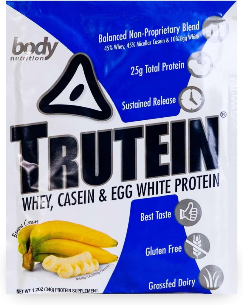 Body Nutrition Trutein High Protein Powder: 45% Whey, 45% Casein, 10% Egg White, Gluten- Free, Lavnatrium, Grass Fed Whey Protein Powder, Gym Supplement & Breakfast Shake, Banan Cream, 34g Sample
