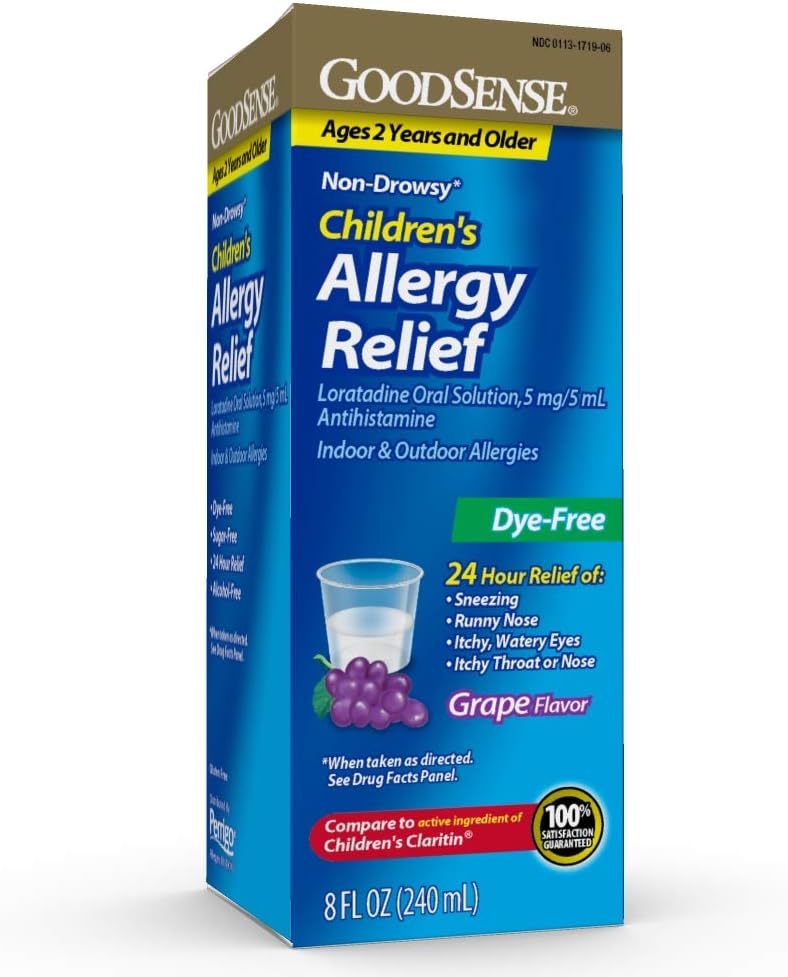 GoodSense Children 's Allergy Medicine, 24 timers Loratadine oral opløsning 5 mg / 5 ml, Farvefri, Non- Drowsy Antihistamin, Grape Flavor, Age 2 og Ældre, 8 oz