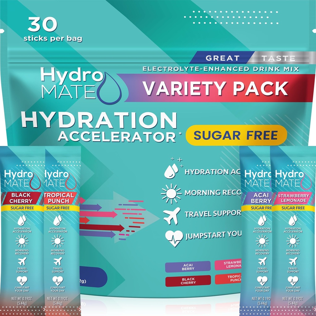 Elektrolytpulver Sugar- fri hydrering Pakninger Variety Pack HydroMATE 30 sticks