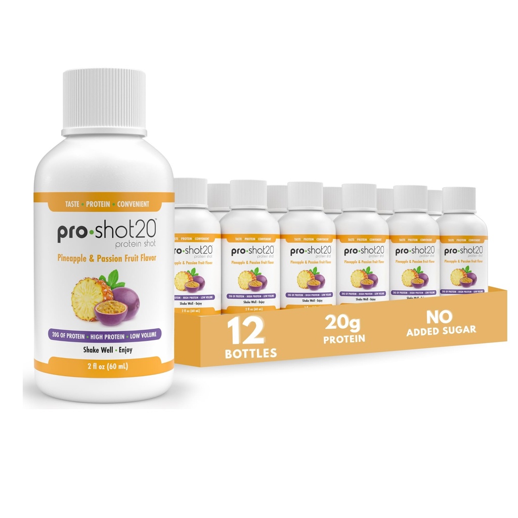 Pro- Shot 20 Protein Shot Pineapple & Passion Fruit Flavor, 60 ml, 12 ml Pack- 20g Whey Protein & Hydrolyzed Collagen Drink - Lav kalorie, Lav Carb, Gluten Free, Ingen Aspartam, Klar til at drikke