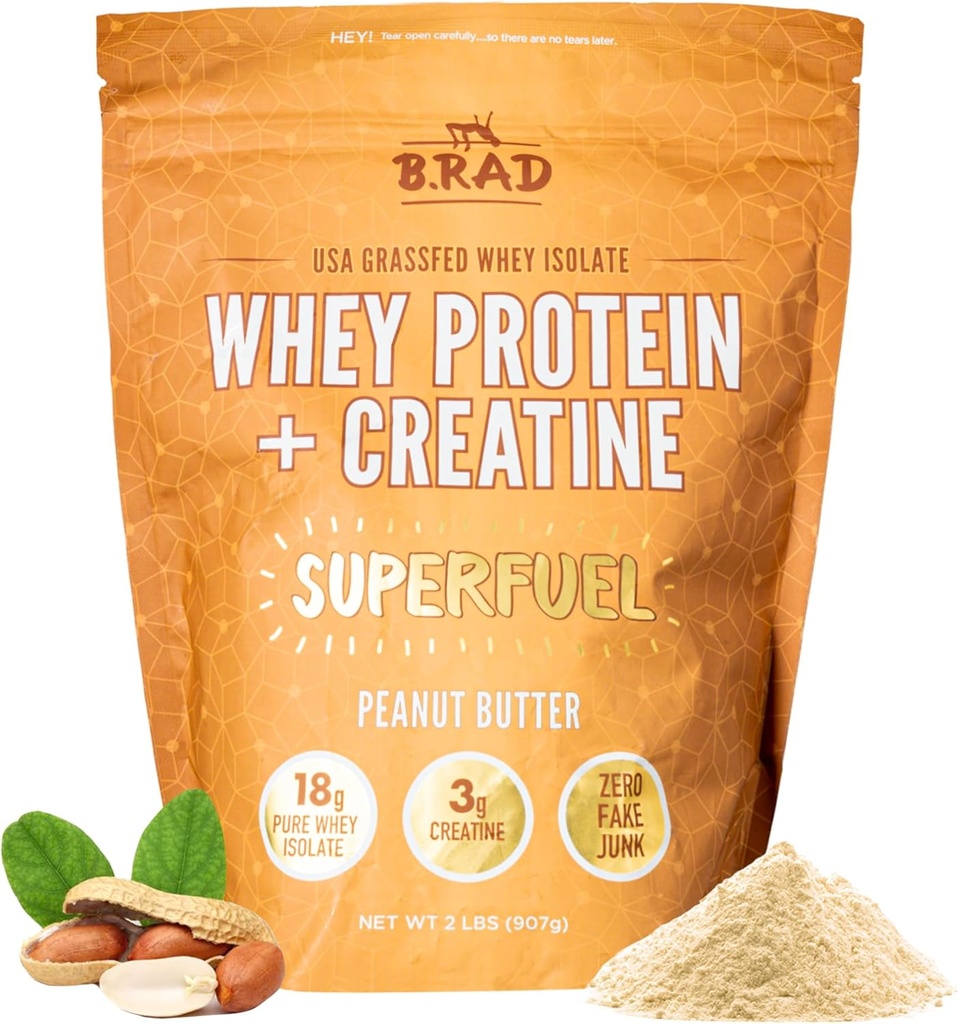 B.rad Superfuel - Græs Fed Whey Protein Isolate Boostet med Creatin • 124; Farm- Fresh, Easy- to- Digest, Clean Ingredients • 124; 2 Pounds • 124; 100% USA • Sourced • 124; Peanut Butter
