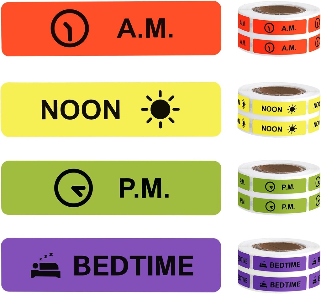 Medicine Stickers Medicinsk Instruktion Etiket Permanent Paper Label AM NOON PM Sengetid til Pill sag Planner 0,4 * 1,6 tommer (500 pr Roll 4 Pack)